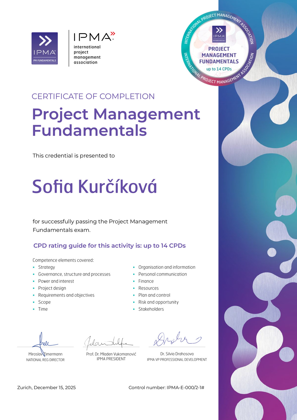 IPMA Project Management Fundamentals certificate awarded to Sofia Kurčíková