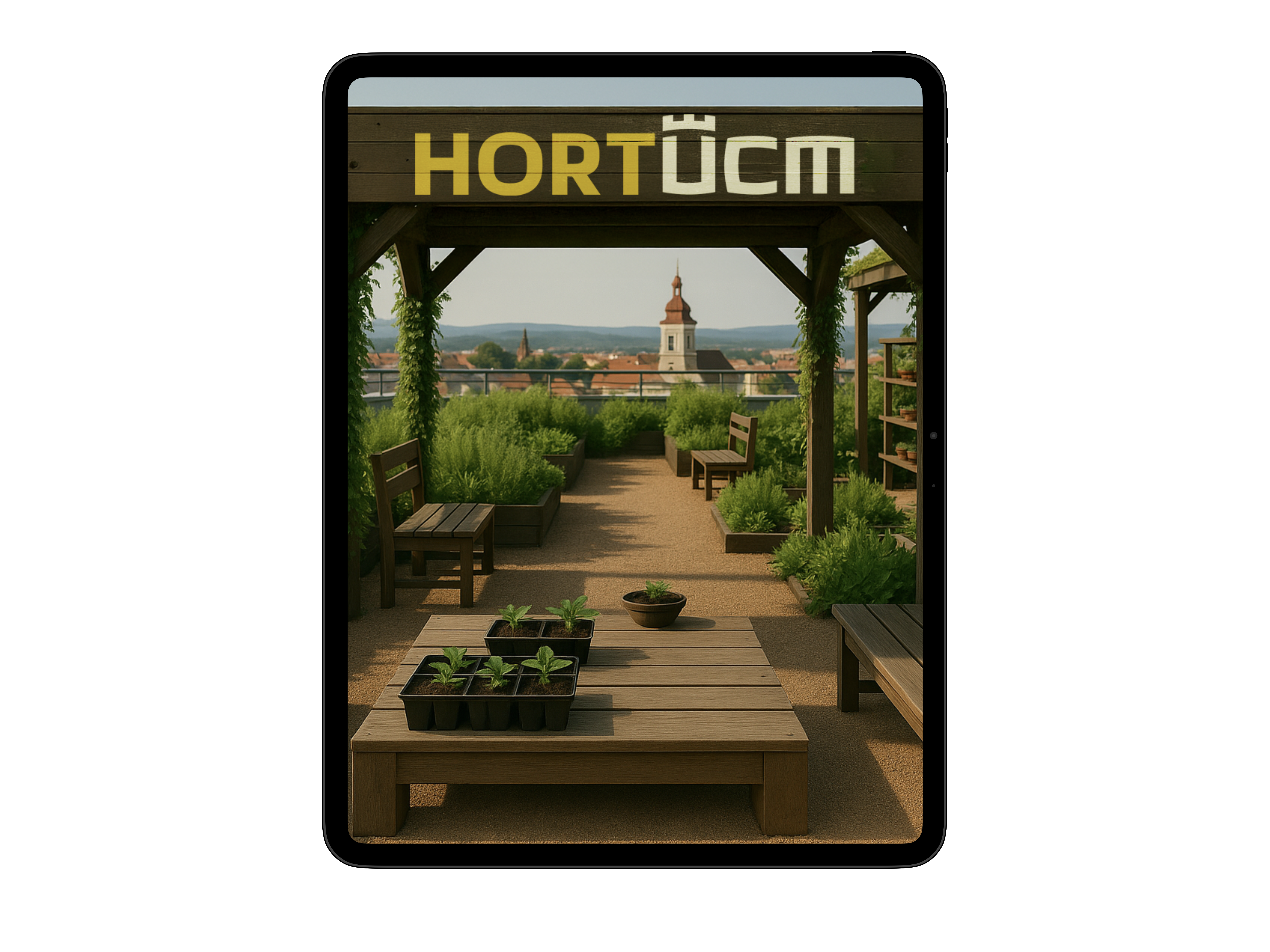 HORTUCM community garden concept shown on a tablet